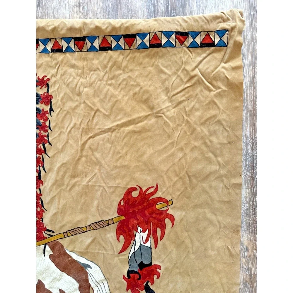 Vintage Native American on Horse Painted Velvet Cloth Wall Hanging Fringe